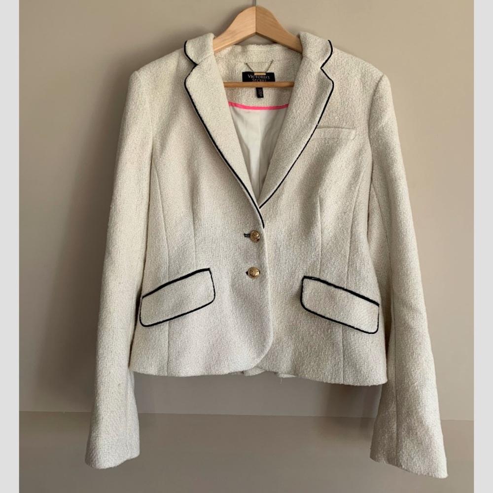 Victoria's Secret Cream Tweed Blazer with Black Piping